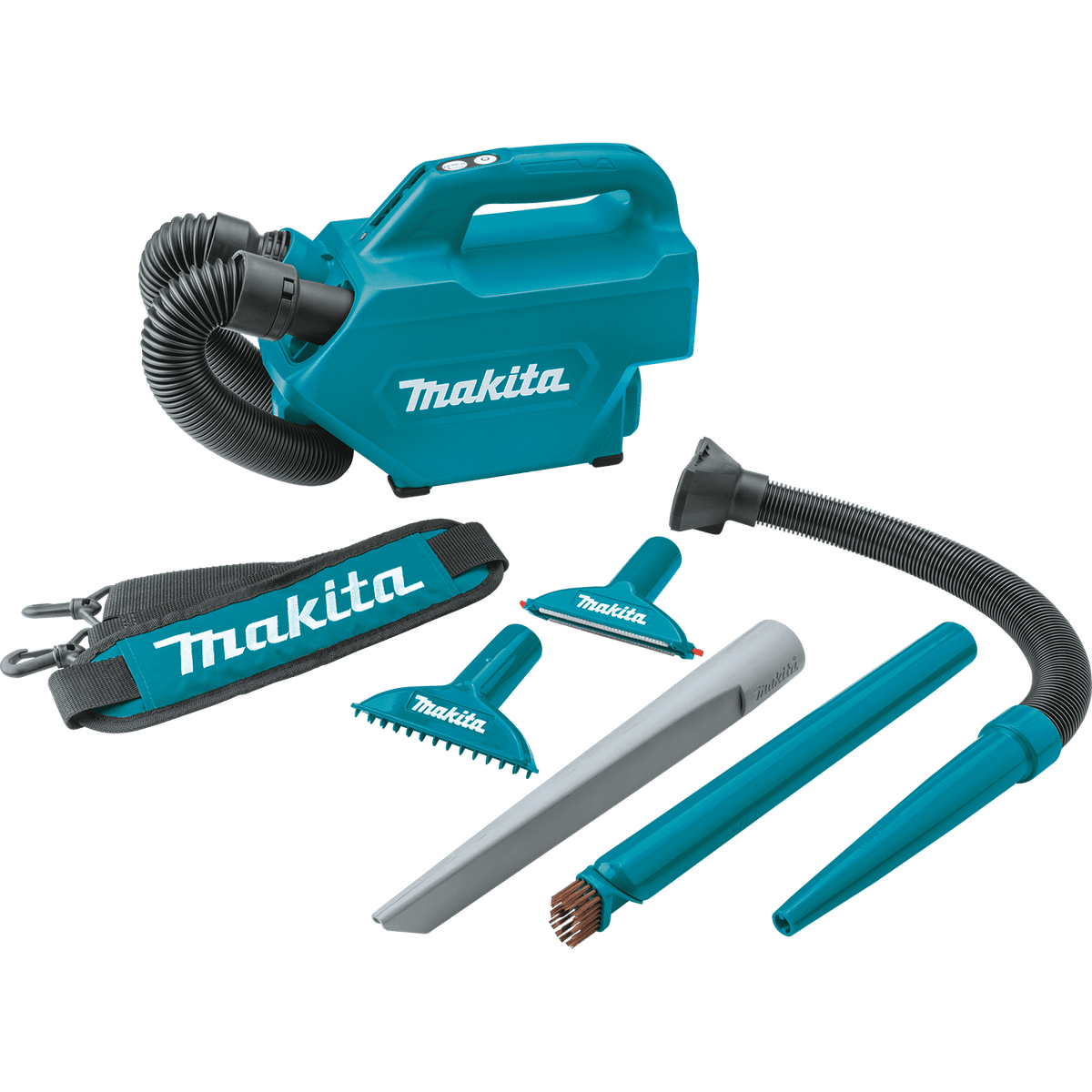 Complete accessory layout for the Makita XLC07Z including soft brush, upholstery nozzle, floor mat nozzle, crevice tool, blower pipe, and strap.