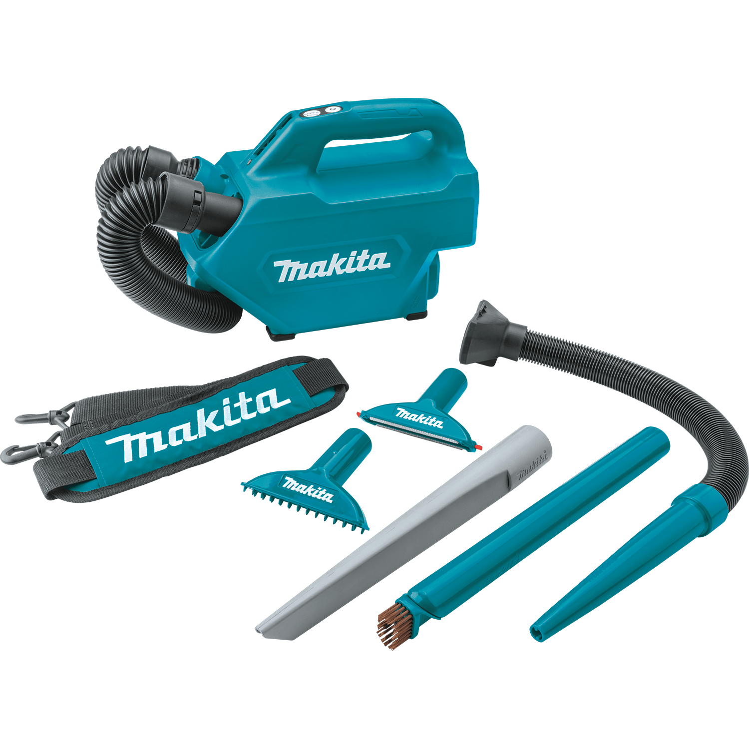 Complete accessory layout for the Makita XLC07Z including soft brush, upholstery nozzle, floor mat nozzle, crevice tool, blower pipe, and strap.