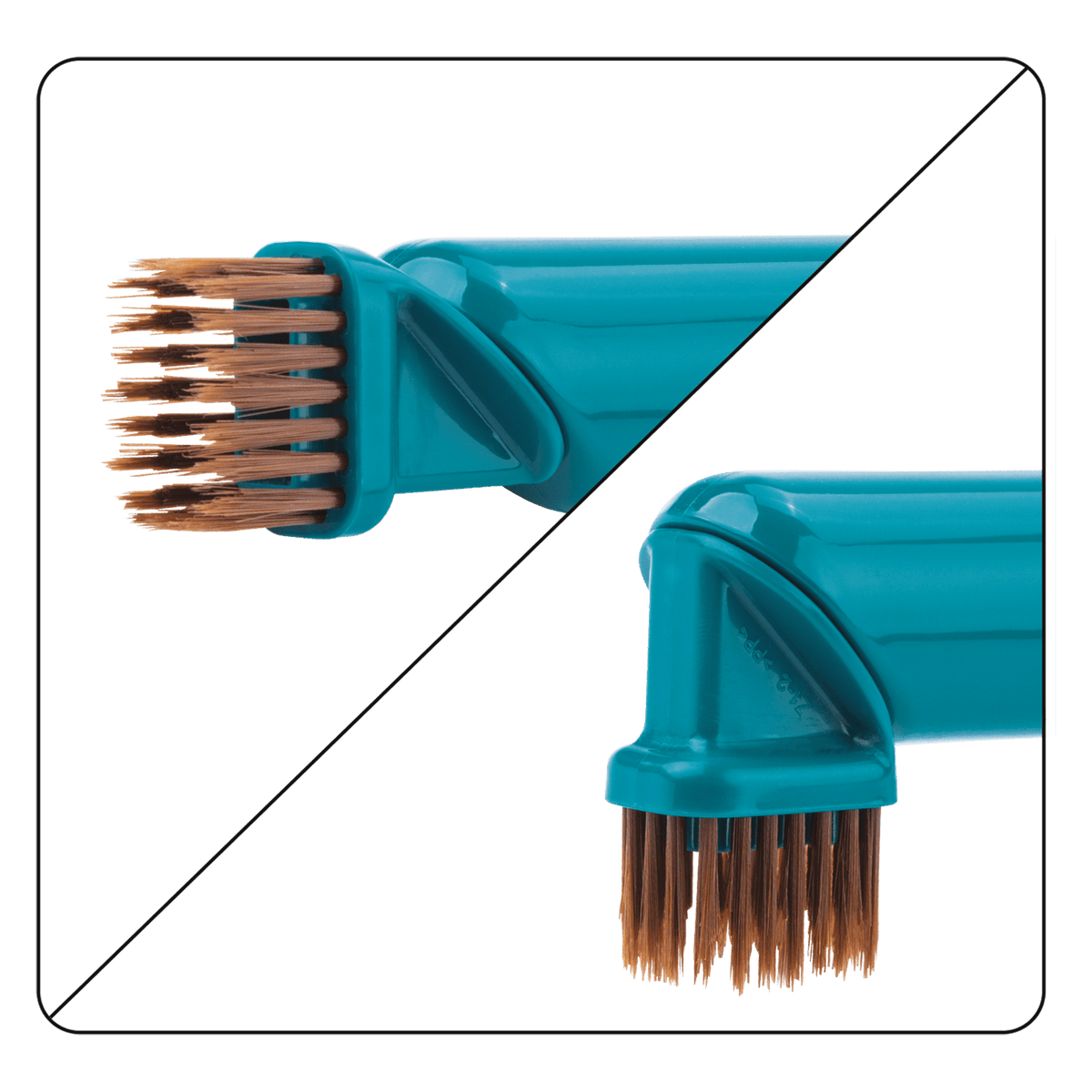 Detailed close-up of the Makita soft brush attachment demonstrating both straight and right-angle bristle orientations for delicate dusting.