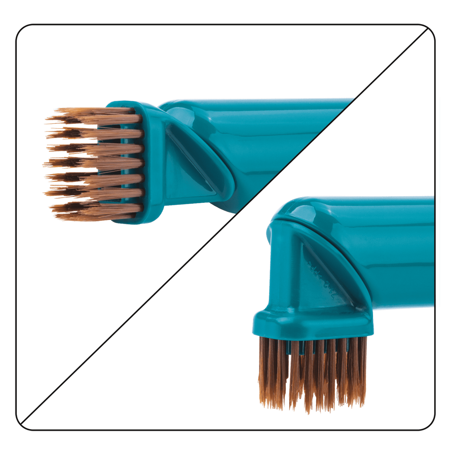 Detailed close-up of the Makita soft brush attachment demonstrating both straight and right-angle bristle orientations for delicate dusting.