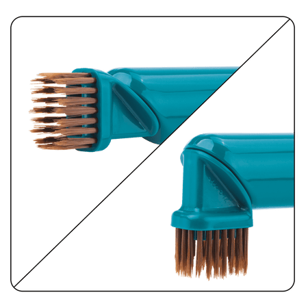 Detailed close-up of the Makita soft brush attachment demonstrating both straight and right-angle bristle orientations for delicate dusting.