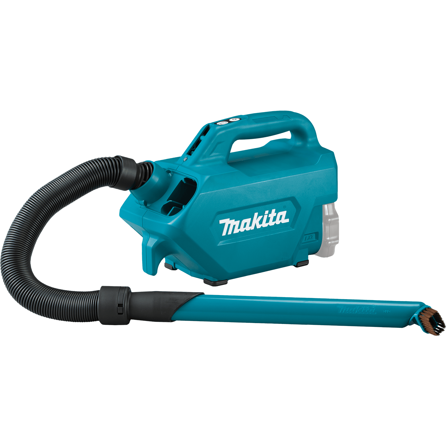 Makita XLC07Z 18V canister vacuum fitted with the soft brush extension wand for dusting sensitive vehicle dashboard vents and consoles.