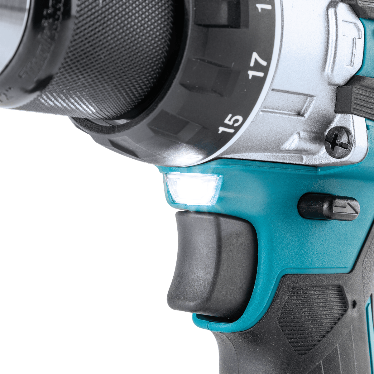 Front LED work light on the Makita XDT14Z impact driver illuminating the 1/4-inch hex quick-change chuck.