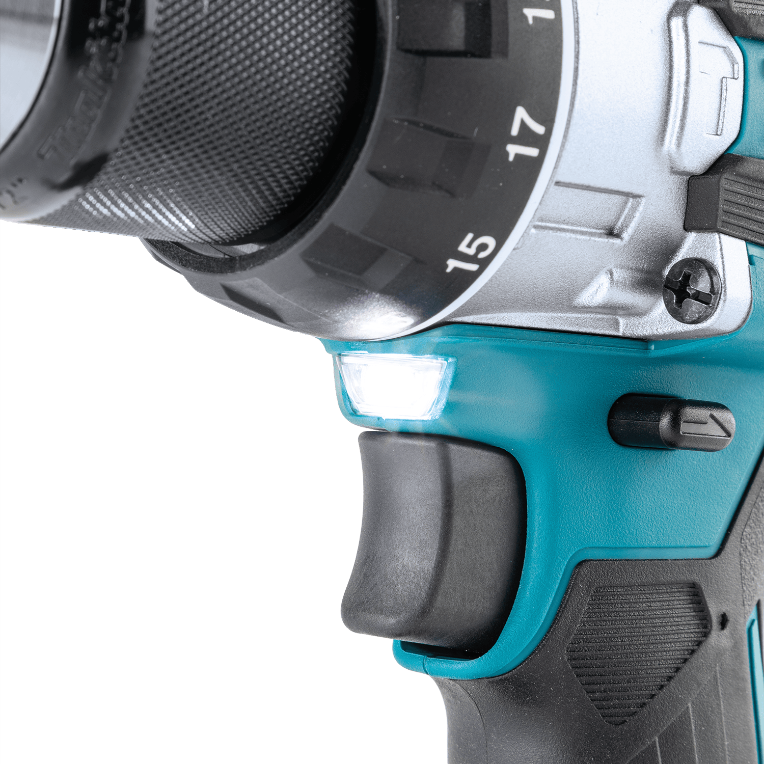 Front LED work light on the Makita XDT14Z impact driver illuminating the 1/4-inch hex quick-change chuck.