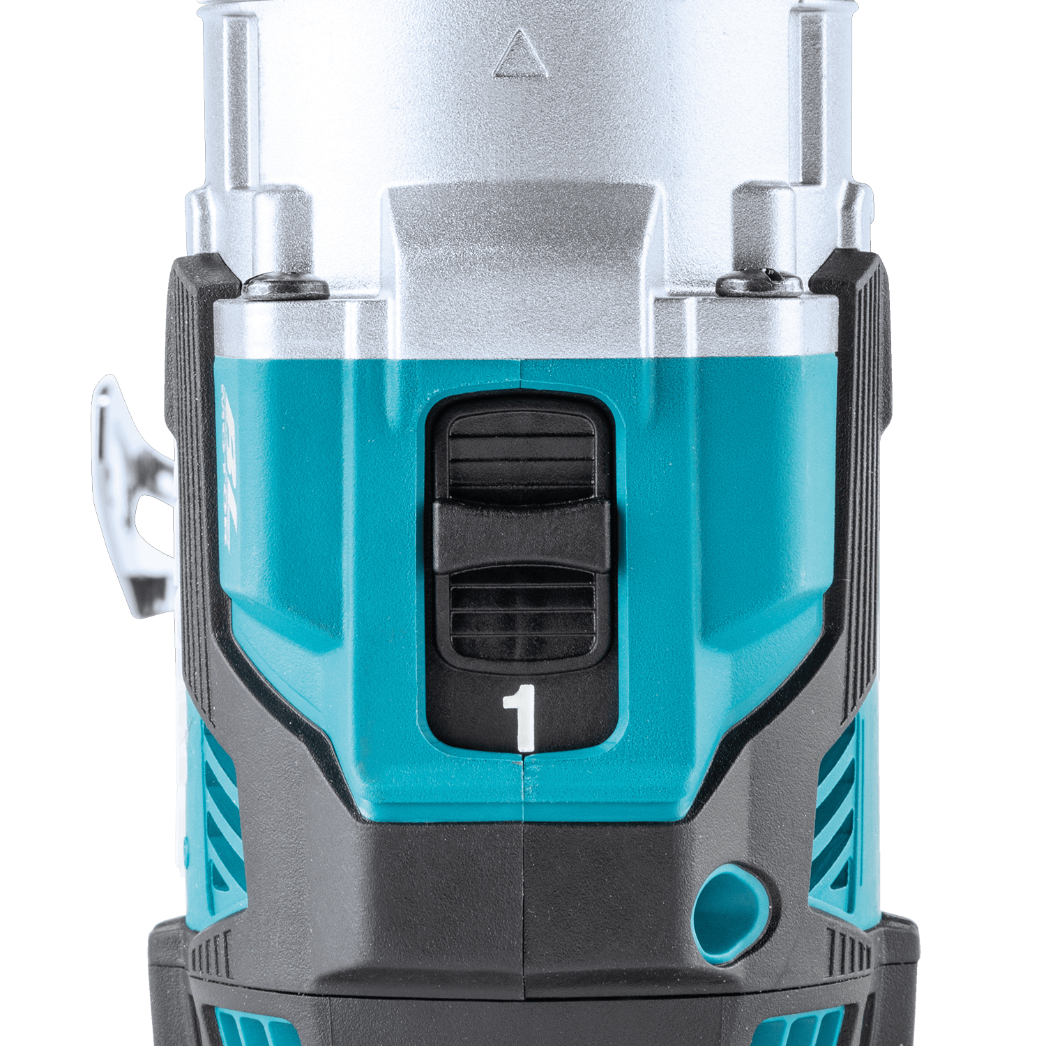 Top-mounted mechanical 2-speed selector switch on the Makita XPH16 hammer drill set to gear 1 for high-torque drilling.