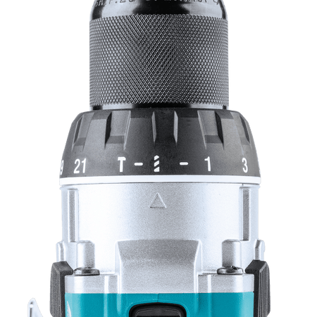 Close-up of the Makita XPH16 drill collar displaying 21 clutch torque settings alongside dedicated hammer and drill modes.