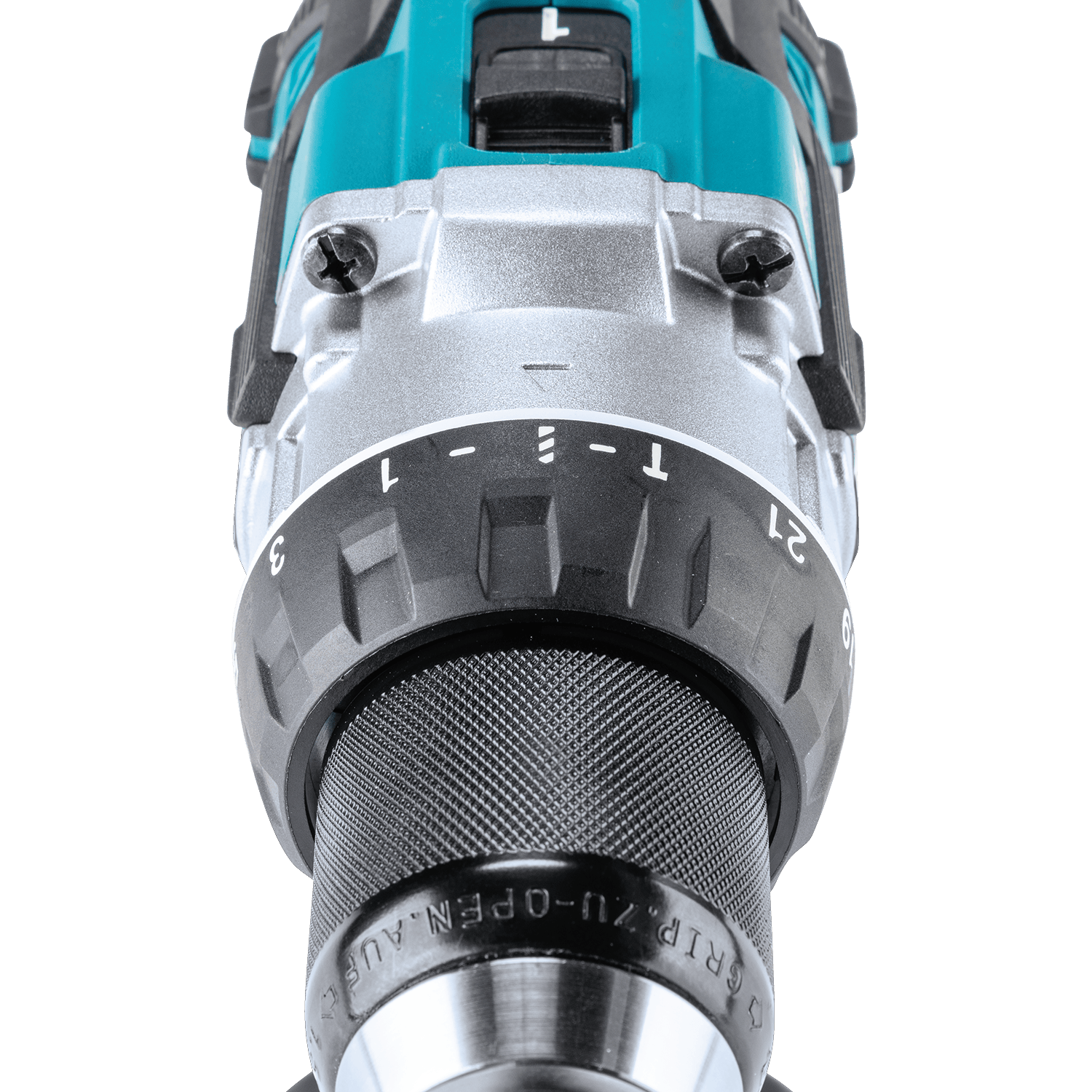 Top-down view of the Makita XPH16 knurled 1/2-inch metal ratcheting chuck and mode selection collar for positive bit retention.