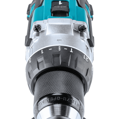 Top-down view of the Makita XPH16 knurled 1/2-inch metal ratcheting chuck and mode selection collar for positive bit retention.
