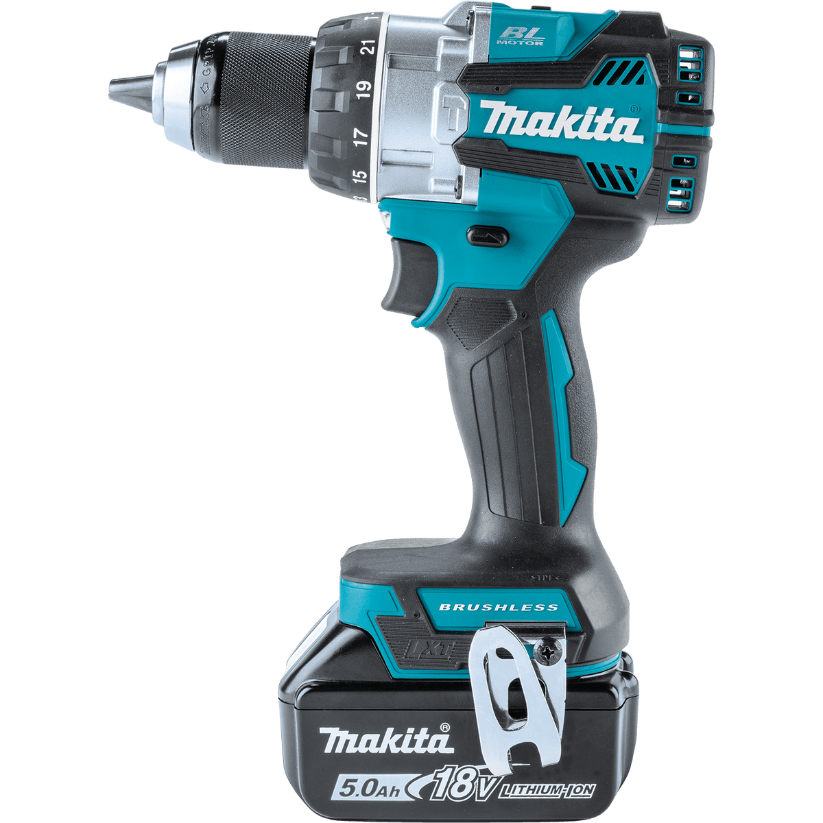 Side profile of Makita XPH16 18V brushless hammer driver-drill equipped with a heavy-duty steel belt clip and 5.0Ah battery.