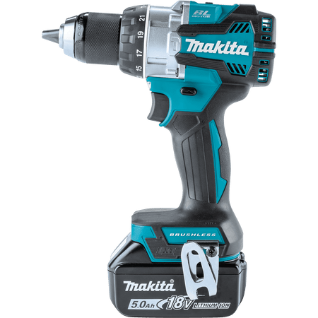 Side profile of Makita XPH16 18V brushless hammer driver-drill equipped with a heavy-duty steel belt clip and 5.0Ah battery.