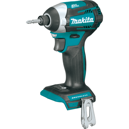 Makita XDT14Z 18V brushless impact driver fitted with a driver bit in the 1/4-inch hex quick-change collet chuck.