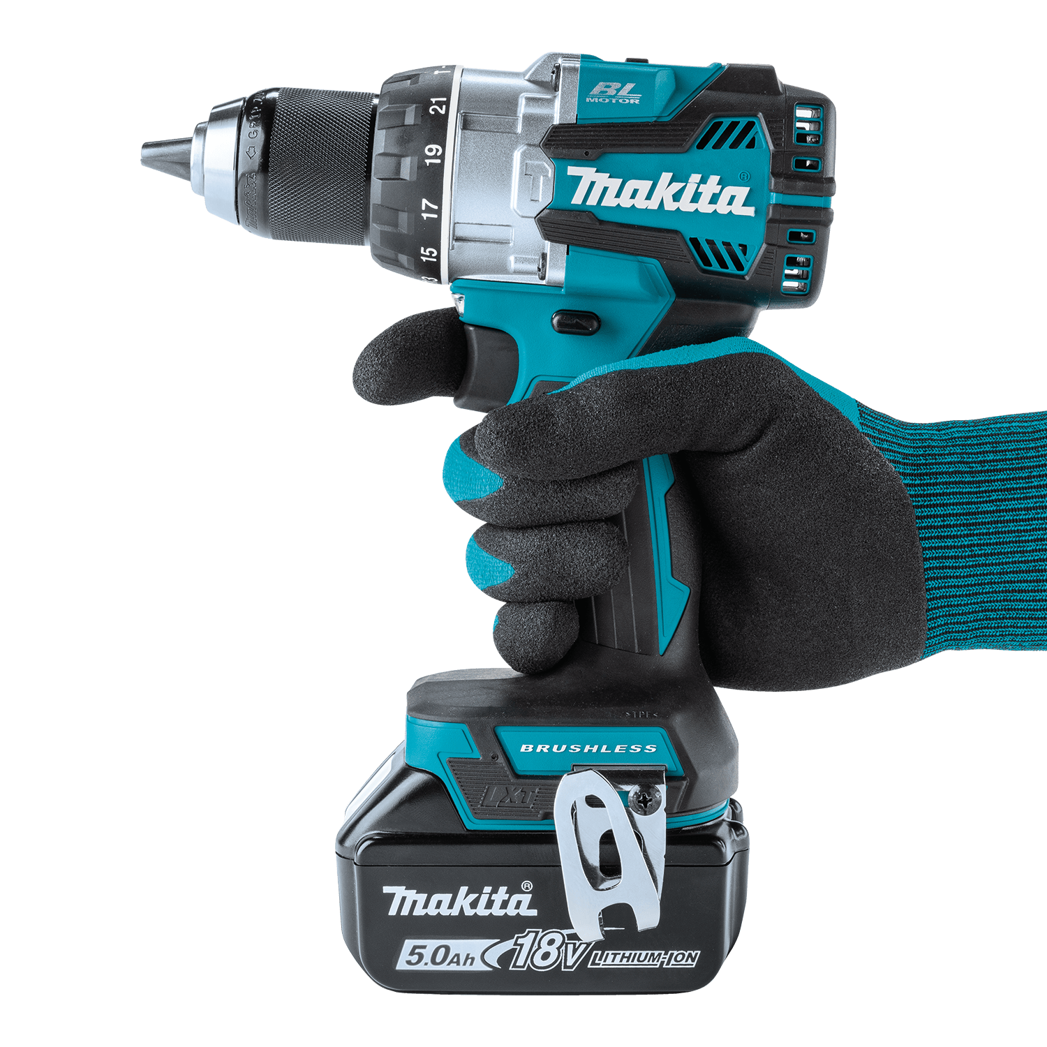 Makita XPH16 18V cordless hammer drill held in gloved hand showing ergonomic balance with attached 5.0Ah LXT battery.
