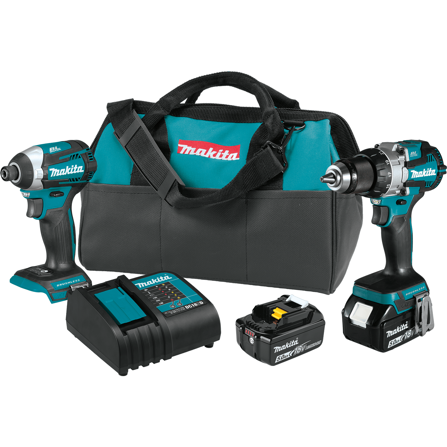 Makita XT296ST 18V LXT cordless combo kit featuring a hammer drill, impact driver, two 5.0Ah batteries, charger, and tool bag.