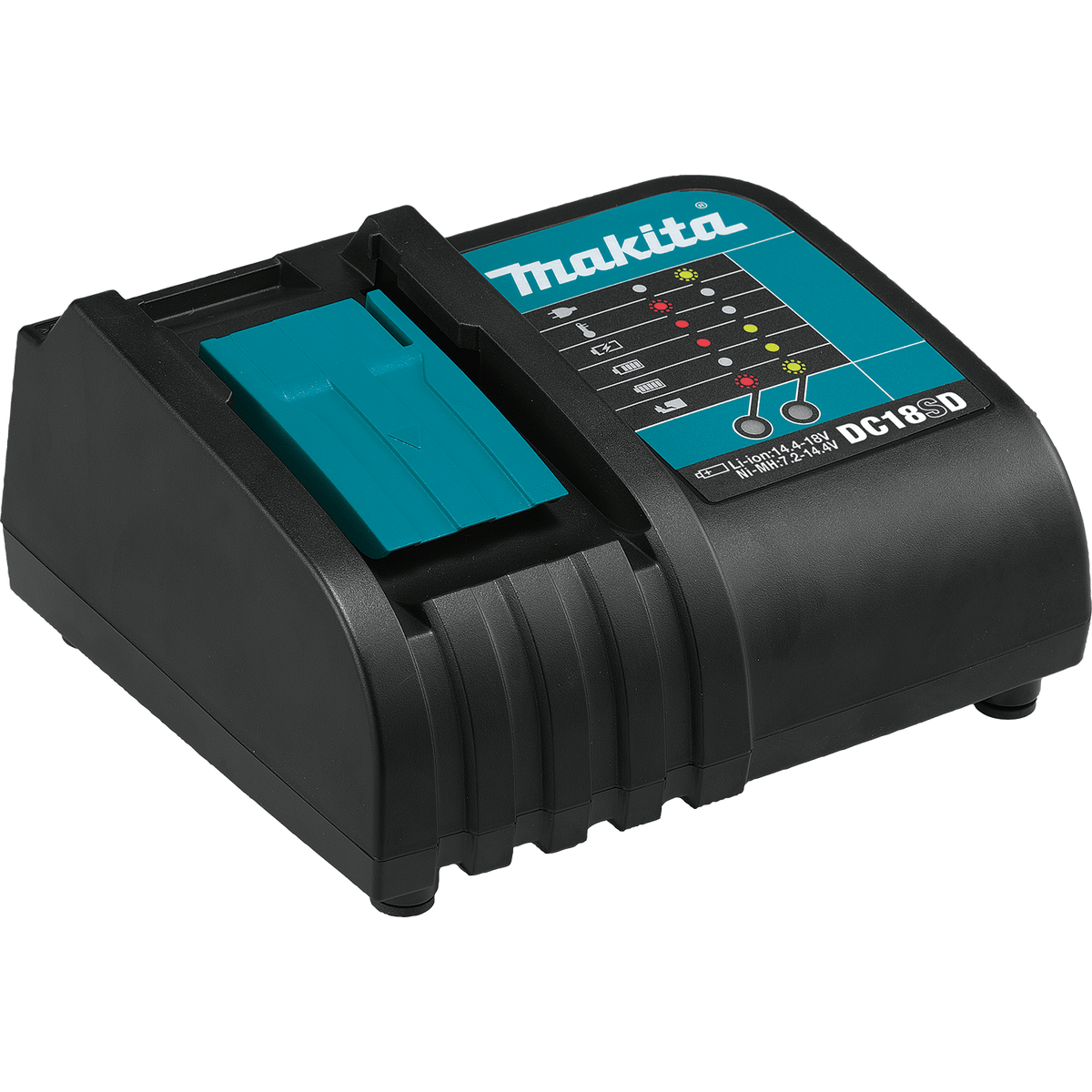 Makita DC18SD 18V LXT standard lithium-ion battery charger with multi-stage diagnostic LED status indicator lights.