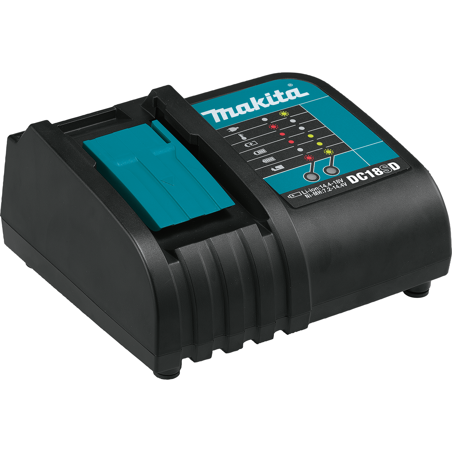 Makita DC18SD 18V LXT standard lithium-ion battery charger with multi-stage diagnostic LED status indicator lights.