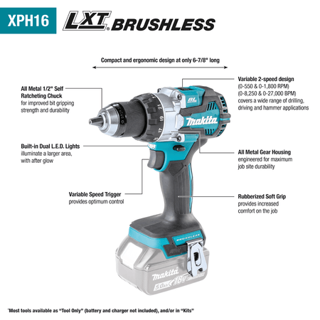 Makita LXT brushless drill with features highlighted on a white background