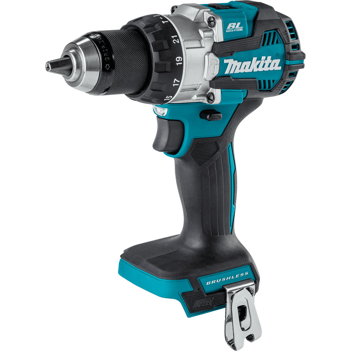 Makita cordless drill driver with a teal and black handle, silver chuck, and a detachable battery base, shown on a solid white background.