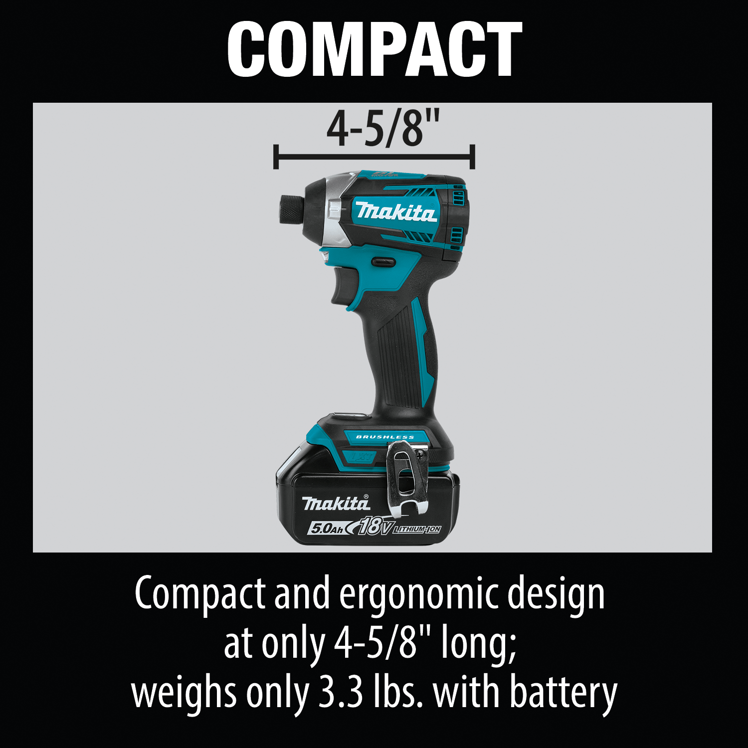 Makita XDT14Z impact driver diagram highlighting its ultra-compact 4-5/8-inch length and lightweight 3.3-lb weight with battery.