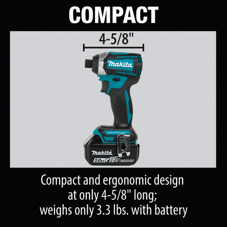 Makita XDT14Z impact driver diagram highlighting its ultra-compact 4-5/8-inch length and lightweight 3.3-lb weight with battery.