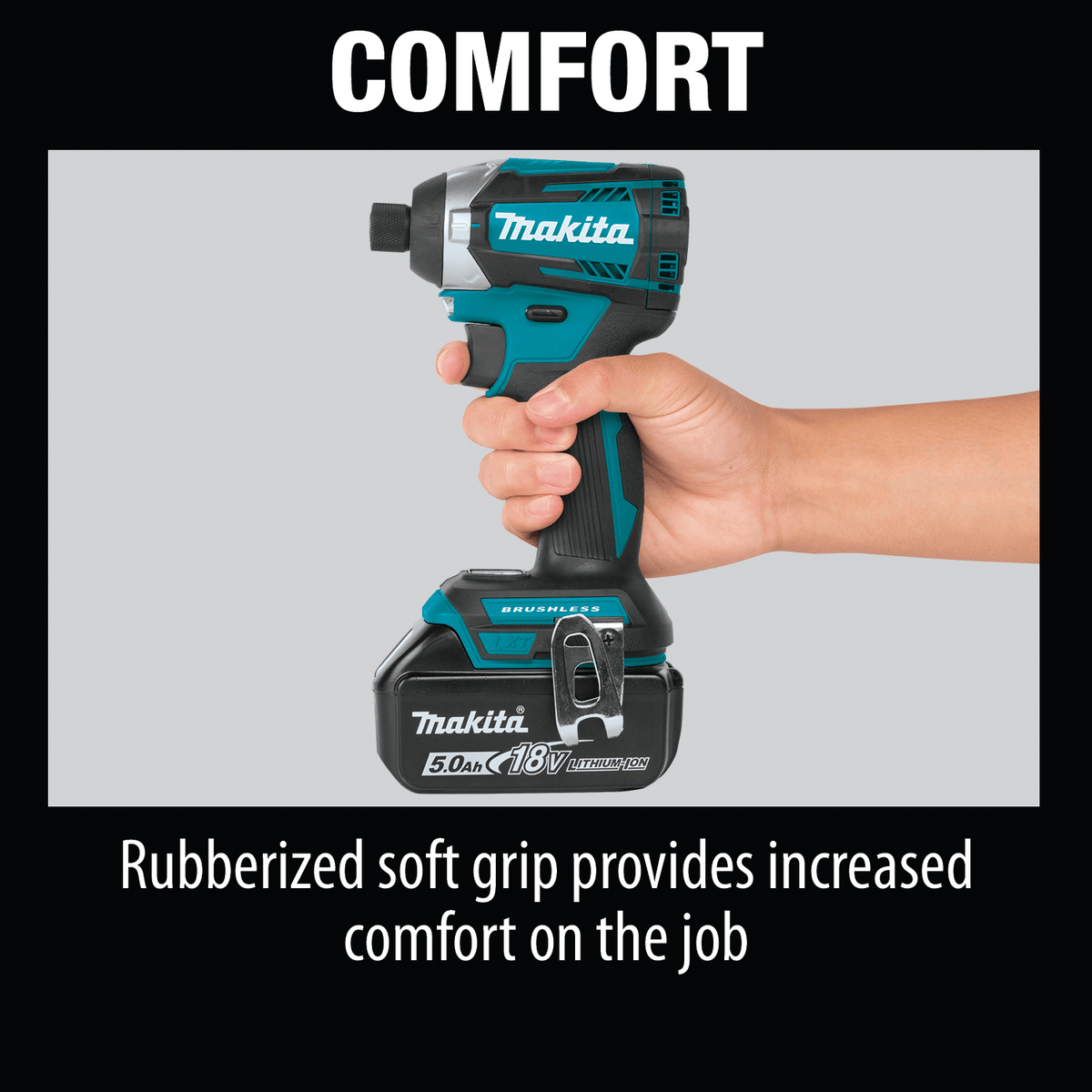 Ergonomic rubberized soft grip on the Makita XDT14Z 18V impact driver designed to reduce hand fatigue on the jobsite.