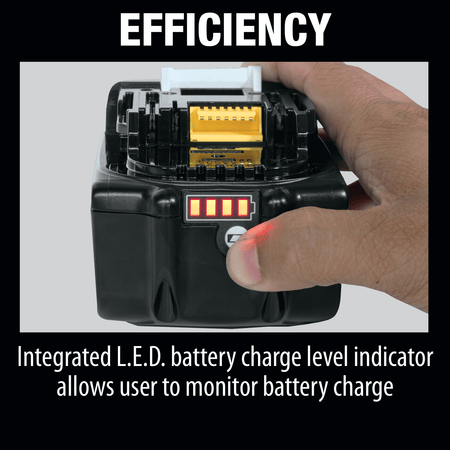 Integrated LED battery fuel gauge on Makita 18V 5.0Ah pack showing four glowing bars for real-time charge monitoring.