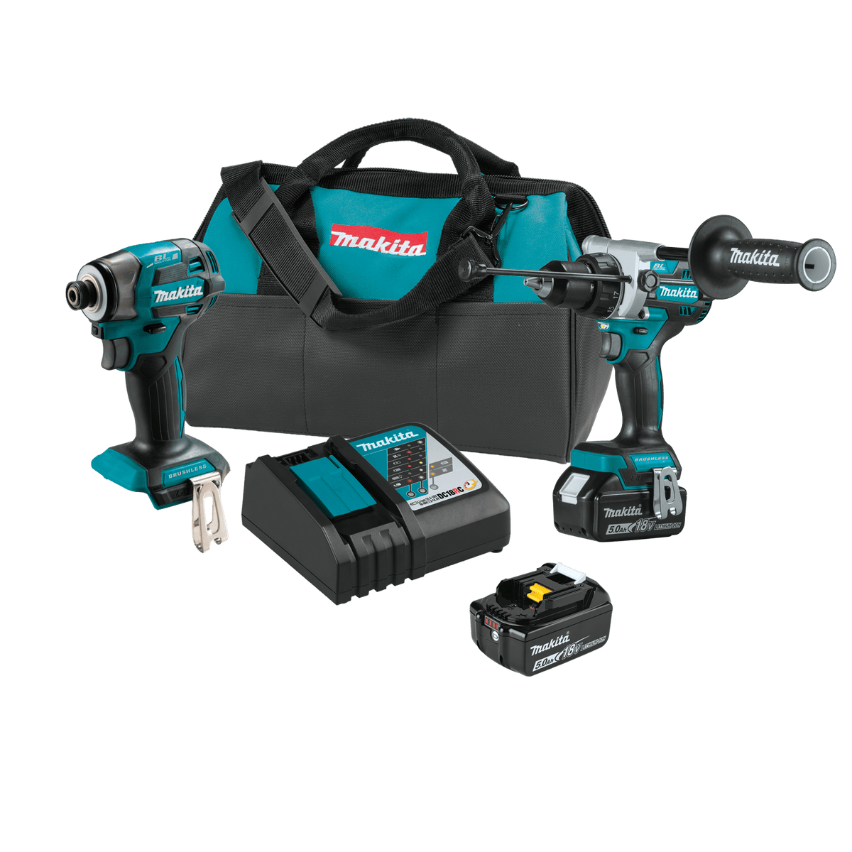 Makita XT297T 18V LXT 2-tool combo kit includes a hammer drill, 4-speed impact driver, two 5.0Ah batteries, rapid charger, and tote bag.