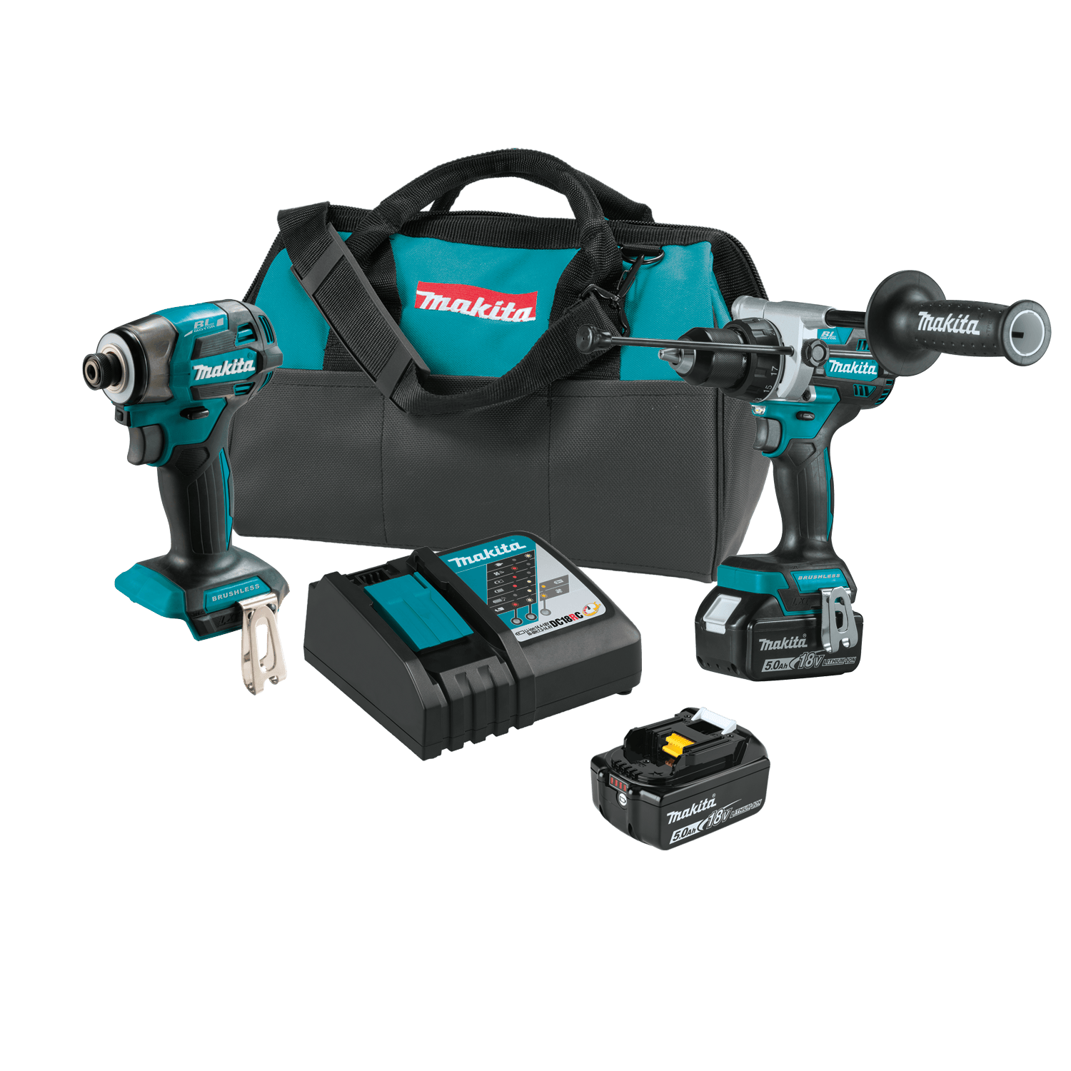 Makita XT297T 18V LXT 2-tool combo kit includes a hammer drill, 4-speed impact driver, two 5.0Ah batteries, rapid charger, and tote bag.