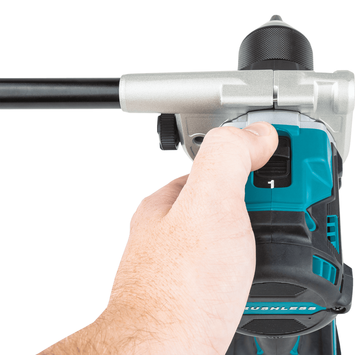 Operator selecting high-speed gear mode 1 on the top-mounted 2-speed transmission switch of the Makita XPH14 hammer driver-drill.