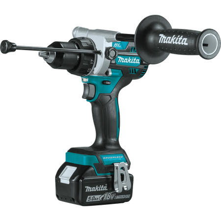 Makita XPH14 18V LXT brushless 1/2-inch hammer drill with side handle and depth rod for heavy-duty masonry drilling.