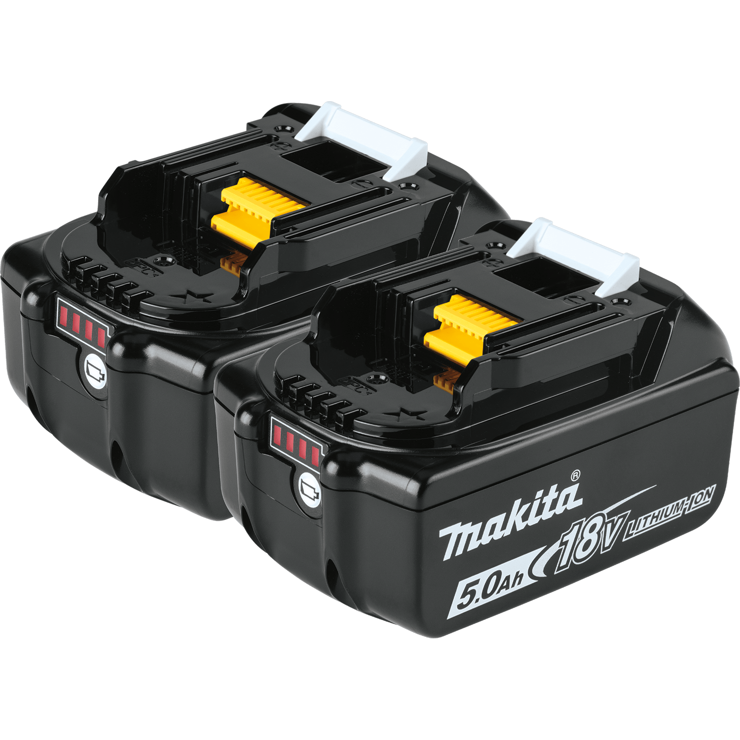 Pair of Makita BL1850B 18V LXT 5.0Ah lithium-ion batteries featuring fuel gauge indicators for extended cordless tool runtime.