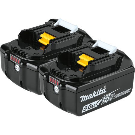 Pair of Makita BL1850B 18V LXT 5.0Ah lithium-ion batteries featuring fuel gauge indicators for extended cordless tool runtime.