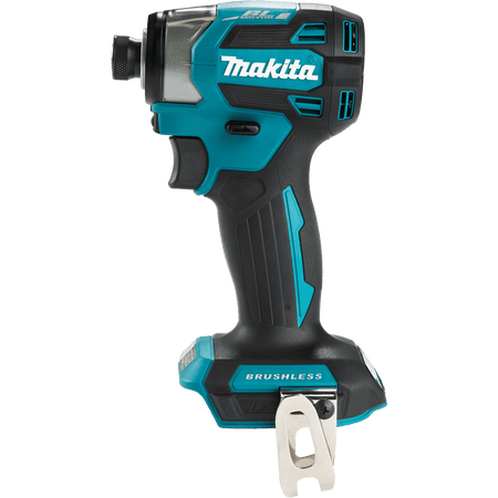 Side profile of the compact Makita XDT20 18V LXT brushless impact driver showing its ergonomic rubberized grip and belt clip.