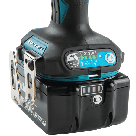 Base electronic control pad of the Makita XDT20 impact driver showing 4 speed indicators, assist mode controls, and metal belt clip attachment.