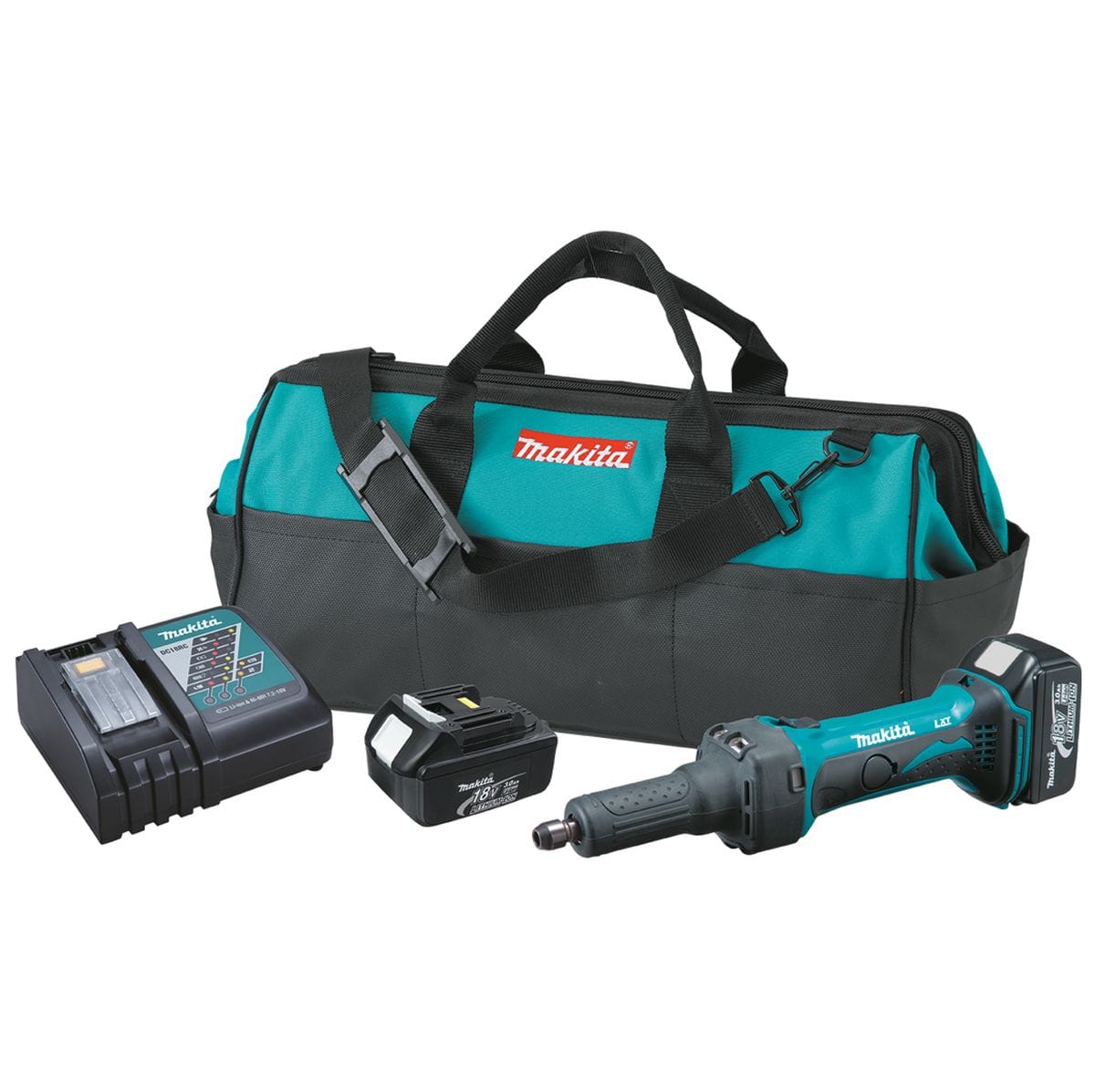 Makita LXDG01 18V LXT 1/4-inch cordless die grinder kit including two 3.0Ah batteries, rapid charger, and contractor bag for jobsite metal grinding