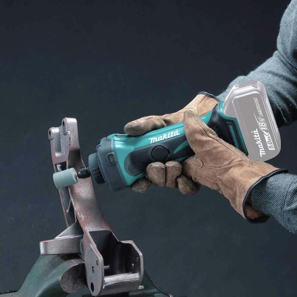 Fabricator using the 18V LXT Makita XDG02Z die grinder with a cylindrical grinding wheel to smooth rough cast iron casting edges.