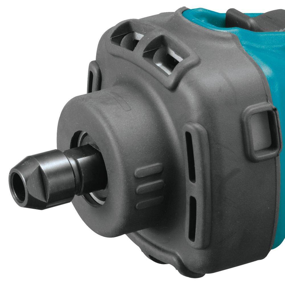 Close-up of the Makita XDG02Z cast aluminum front housing showing the round 1/4-inch collet nut designed to prevent workpiece scratching.