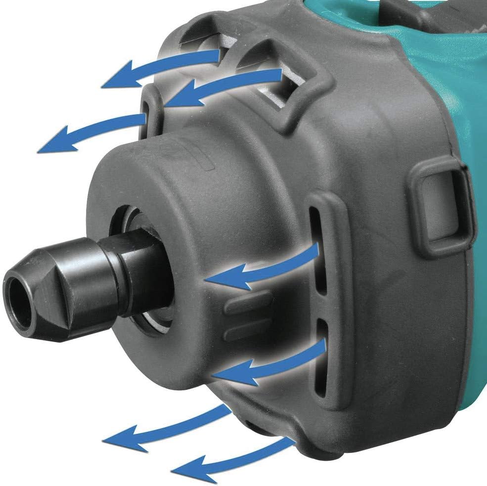 Directional air vent diagram on the Makita XDG02Z demonstrating how exhaust airflow is channeled forward away from the operator's face.