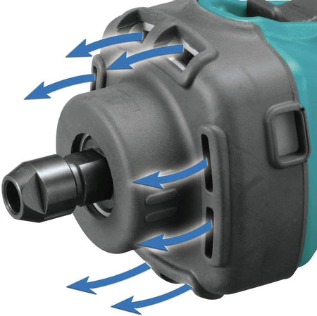 Directional air vent diagram on the Makita XDG02Z demonstrating how exhaust airflow is channeled forward away from the operator's face.