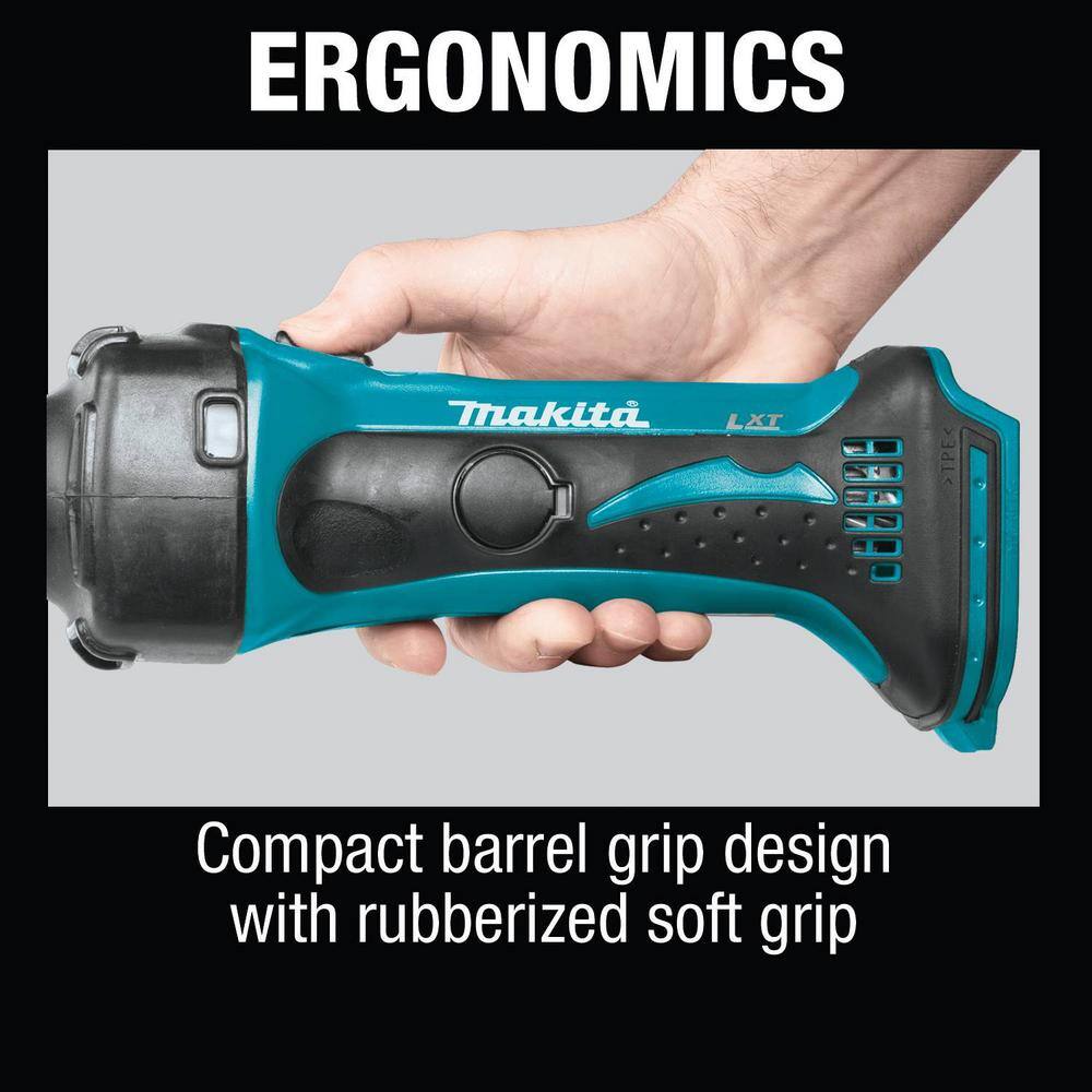 Ergonomics callout graphic showing the compact rubber overmolded barrel body of the Makita XDG02Z for comfortable multi-angle grinding.