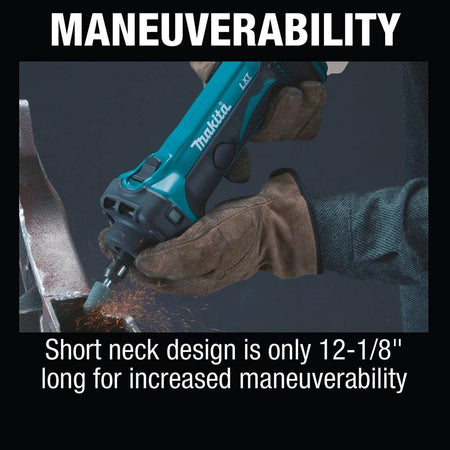 Metal fabricator using the short-neck 12-1/8 inch Makita XDG02Z die grinder with a carbide burr to deburr a weld seam in a tight joint.