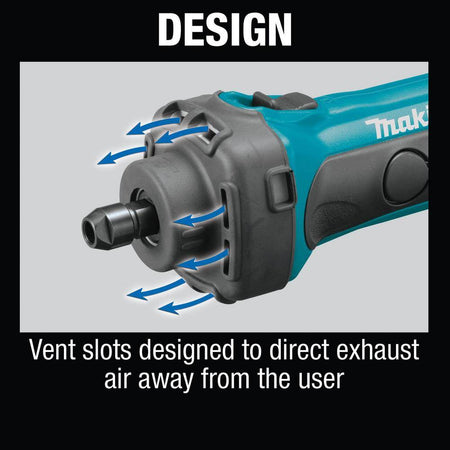 Exhaust design graphic showing forward-facing directional vent slots on the Makita XDG02Z front housing that direct dust away from the user.