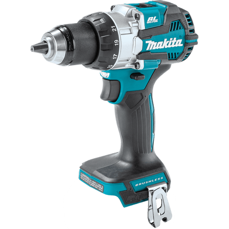 Makita XFD16Z 18V LXT cordless driver-drill showing the 1/2-inch keyless chuck, torque adjustment collar, and steel belt clip.