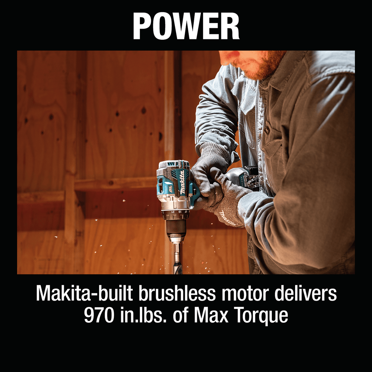 Worker boring a large hole in timber using the Makita XFD16Z 18V LXT brushless driver-drill delivering 970 in-lbs of maximum torque.