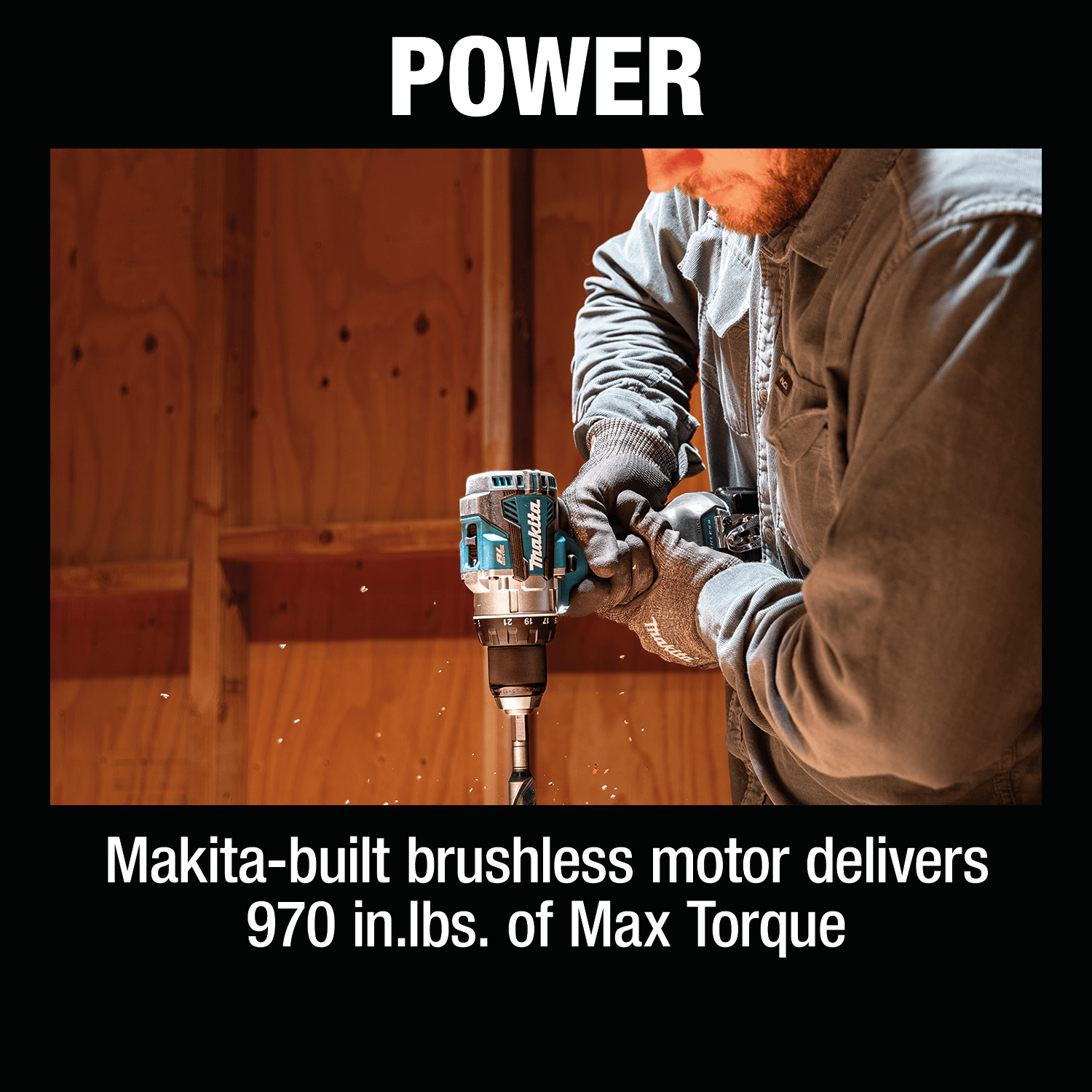 Worker boring a large hole in timber using the Makita XFD16Z 18V LXT brushless driver-drill delivering 970 in-lbs of maximum torque.