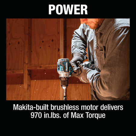 Worker boring a large hole in timber using the Makita XFD16Z 18V LXT brushless driver-drill delivering 970 in-lbs of maximum torque.