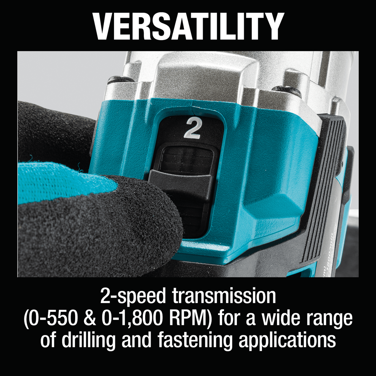 Mechanical gear selector on the Makita XFD16Z drill toggling between low speed high torque and high speed 1,800 RPM.