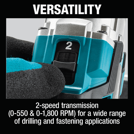 Mechanical gear selector on the Makita XFD16Z drill toggling between low speed high torque and high speed 1,800 RPM.