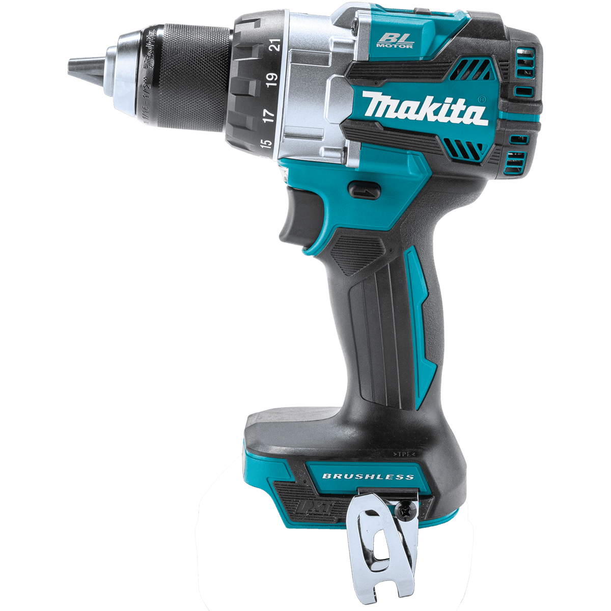 Side profile of the Makita XFD16Z 18V cordless drill highlighting the rubberized soft grip and variable speed trigger switch.