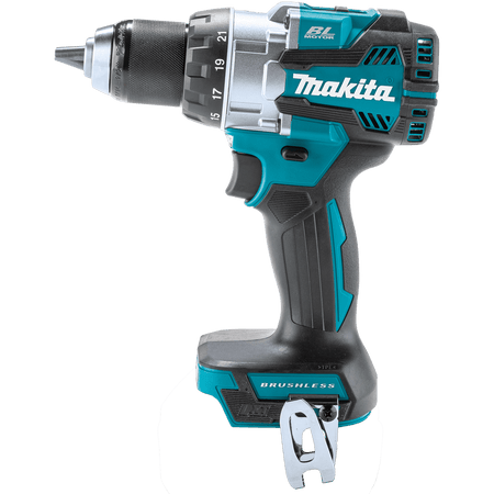 Side profile of the Makita XFD16Z 18V cordless drill highlighting the rubberized soft grip and variable speed trigger switch.