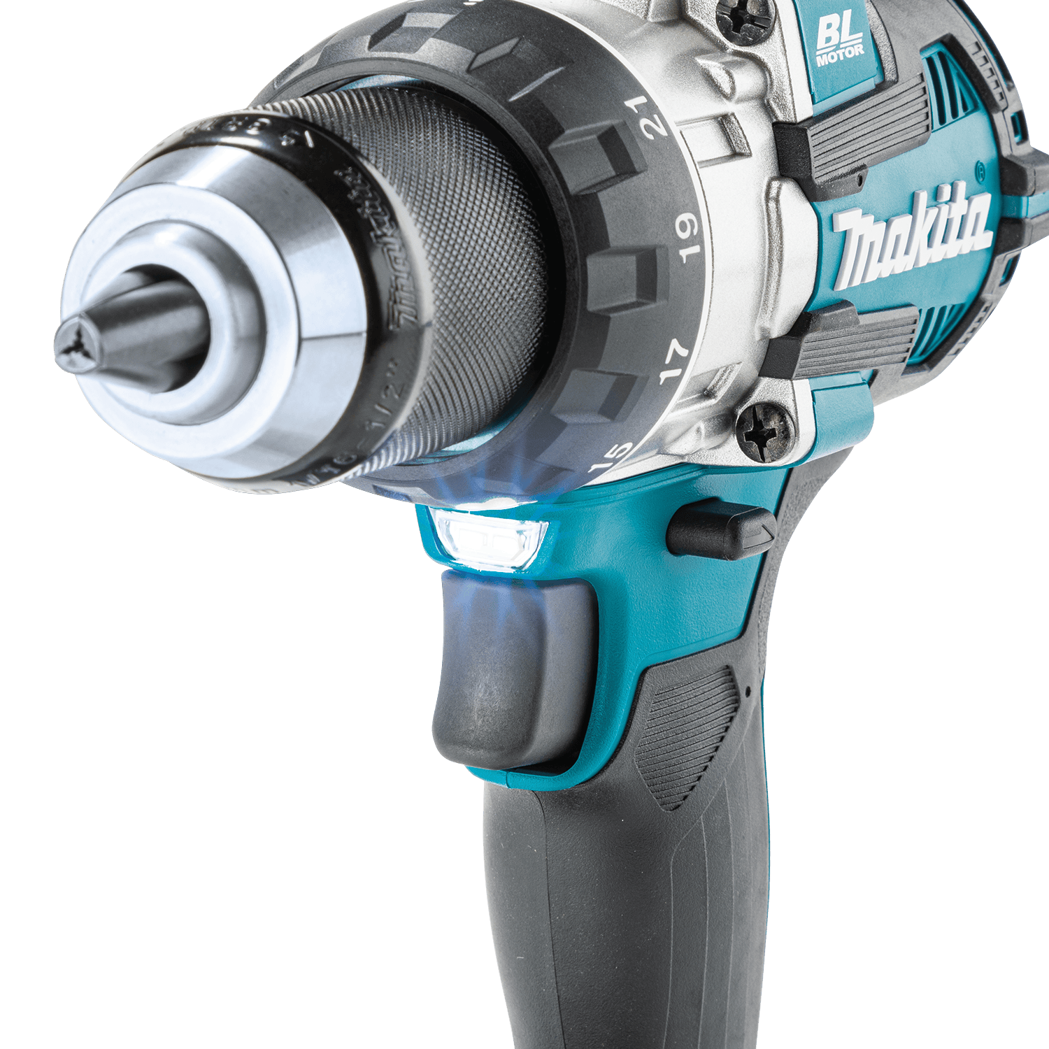 Close-up of the built-in LED work light below the torque collar on the Makita XFD16Z drill illuminating dark jobsite work areas.